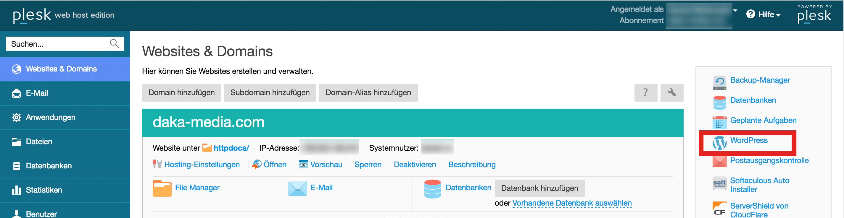 Wordpress in Plesk oeffnen